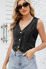 Black denim cropped vest with V-neck and button front.