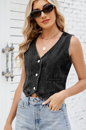 Black denim cropped vest with V-neck and button front.