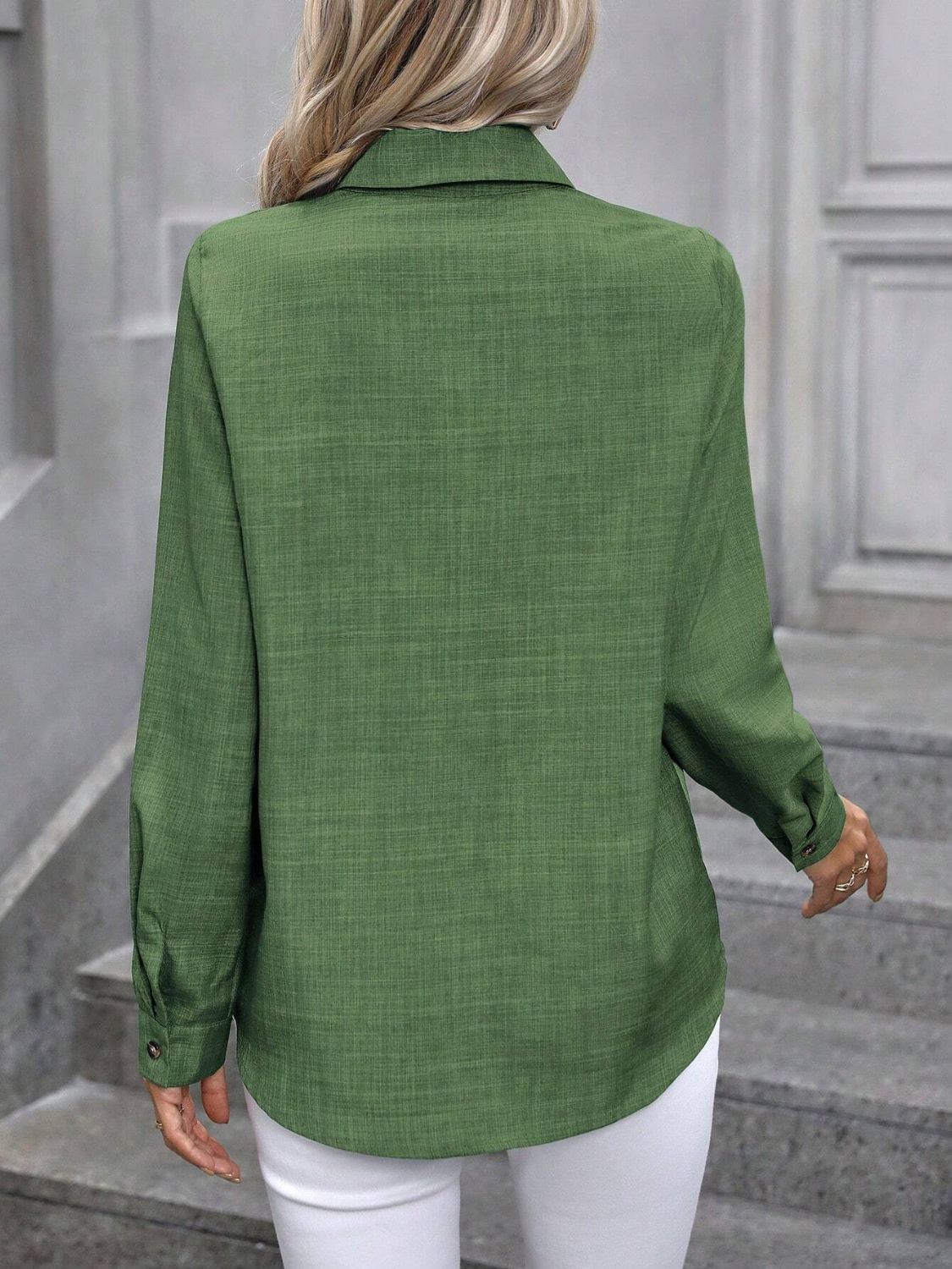Linen-blend button-down shirt in Matcha Green with long sleeves and a collared neckline.