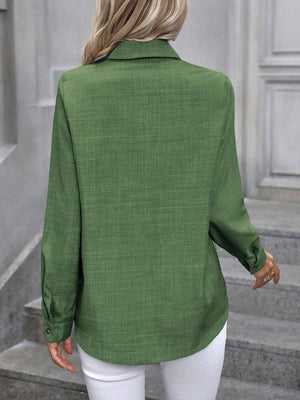 Linen-blend button-down shirt in Matcha Green with long sleeves and a collared neckline.