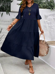 Navy blue tiered midi dress with ruffle sleeves and v-neck