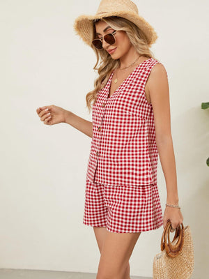 Red gingham linen vest and shorts set with button front and v-neck