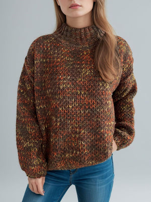 Textured mélange mock neck sweater in brown with orange and yellow flecks, acrylic knit.