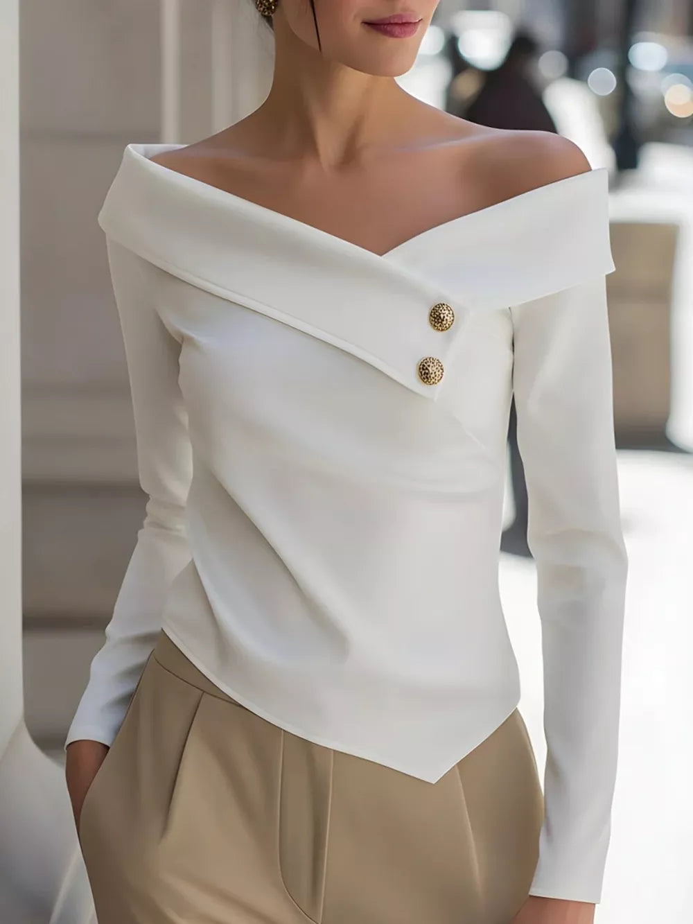 Elegant Off-the-shoulder Blouse With Buttons in White, front view