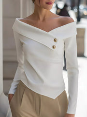 Elegant Off-the-shoulder Blouse With Buttons in White, front view