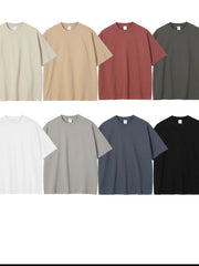 Oversized crewneck tees in Rust, Camel, Gray, Dusty Blue, Army Green, White, Beige, and Black.