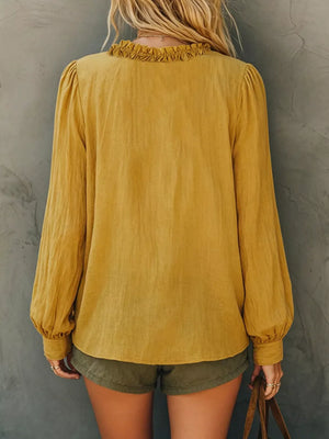 Frill V-neck Long Sleeve Blouse in White, view 15