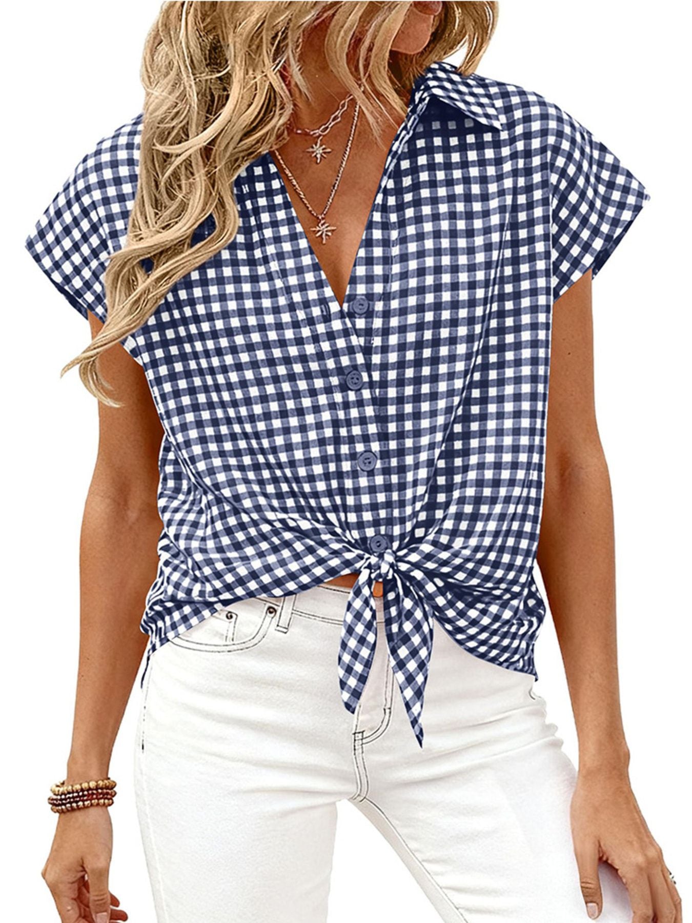 Navy gingham print tied button-down shirt with short sleeves and a collared neckline.