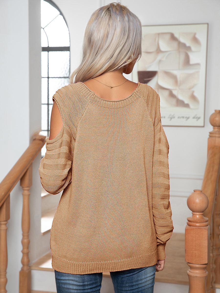 Khaki cable knit cold-shoulder sweater with button detail, acrylic.