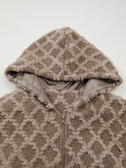 Textured sherpa fleece hooded jacket in taupe with a diamond pattern and zip front.
