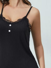 Black ribbed cami with lace trim and two buttons, spaghetti straps