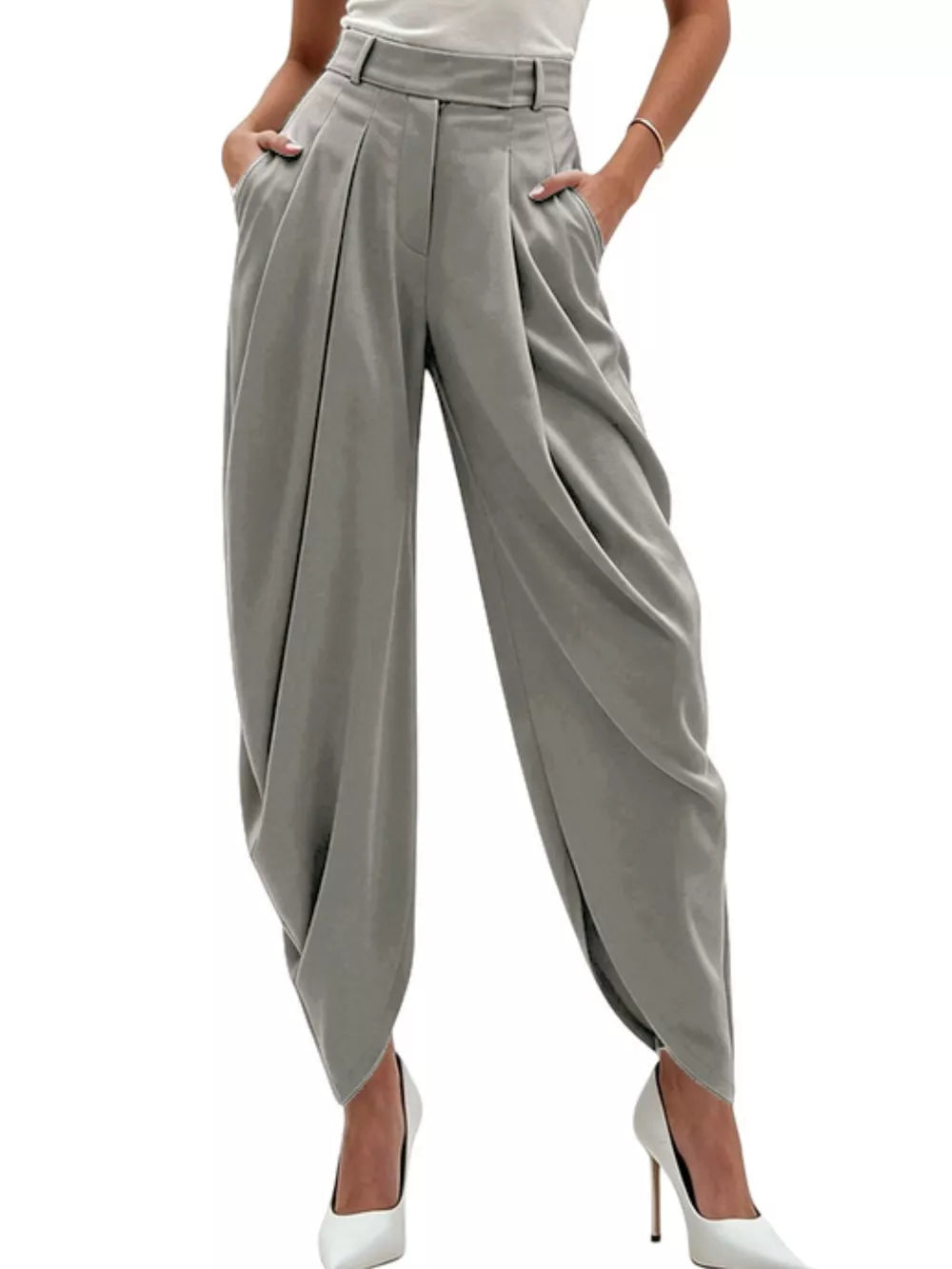 High-waisted Pleated Drape Pants in Black, view 13