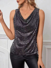 Black sequin tank top with cowl neck, sleeveless, and draped fit.