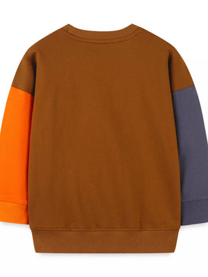 Toddler color-block sweatshirt with brown body, orange sleeves, and grey sleeves.
