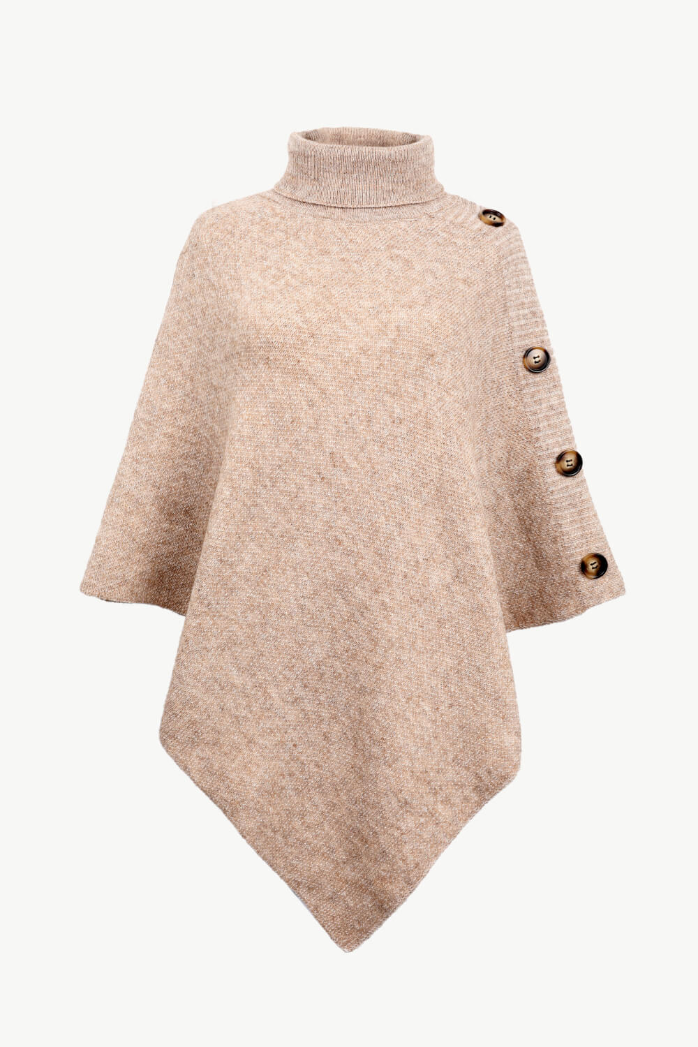 Tan knit poncho with turtleneck and button details on the side.