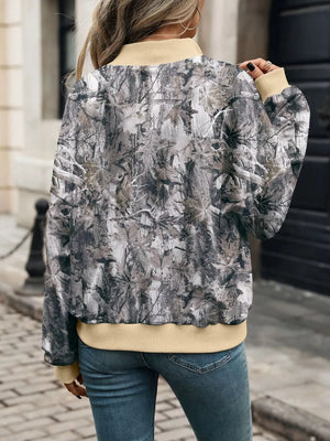 Printed Zip Up Long Sleeve Sweatshirt in Gray with zipper