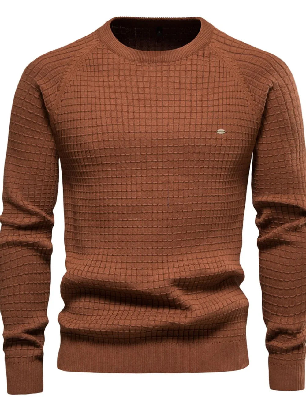Brown crewneck sweater with textured grid pattern and small oval logo detail.