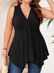 Plus-size black tank top with deep V-neck and ruched knot detail, asymmetrical hem
