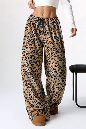Leopard plush palazzo lounge pants with drawstring waist