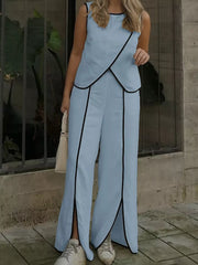 Sleek Contrast Trim Top And Wide-leg Pants Set
