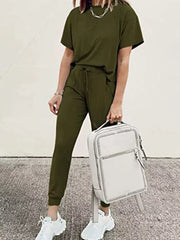 Army green cotton round neck top and jogger pants set with drawstring waist.