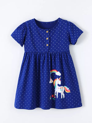 Children's Polka Dot Unicorn Rainbow Dress, side view