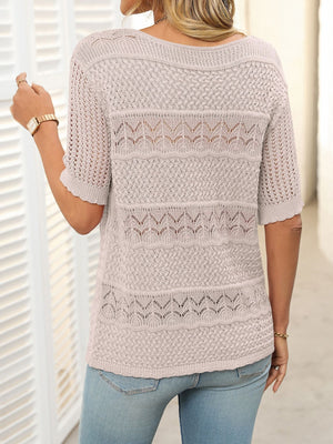 Breezy Babel half-sleeve knit sweater in Blush Pink with openwork patterns and a boat neck.