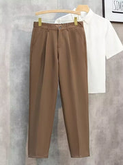 Brown straight-leg pants with button closure and side pockets.