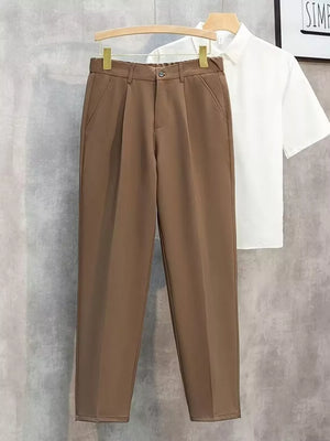 Brown straight-leg pants with button closure and side pockets.