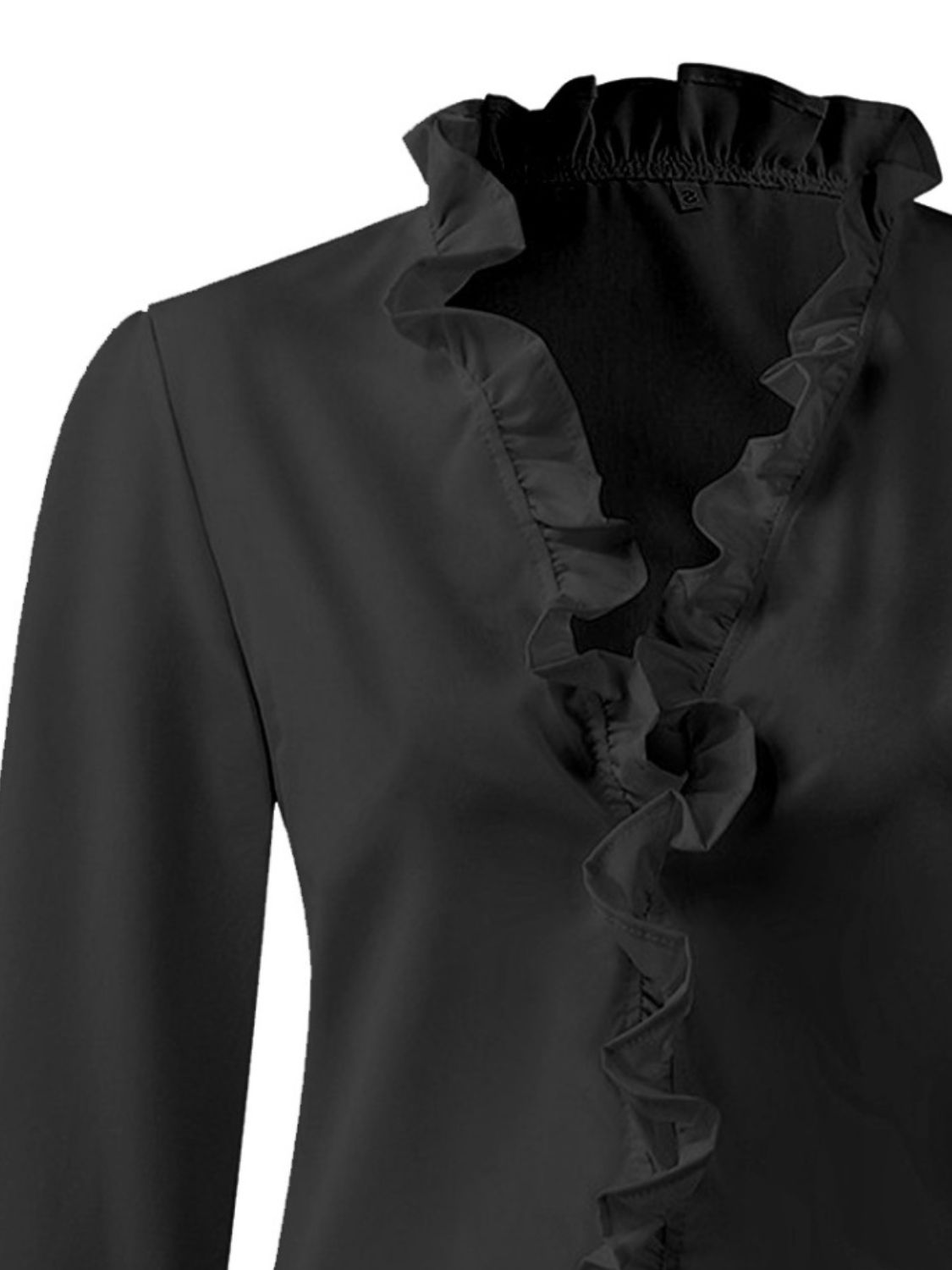 Black blouse with cascading ruffle front and balloon sleeves