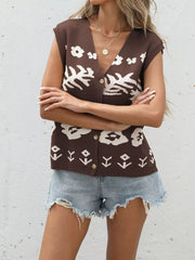 Brown floral-patterned V-neck button-down cardigan vest with white floral and geometric designs.