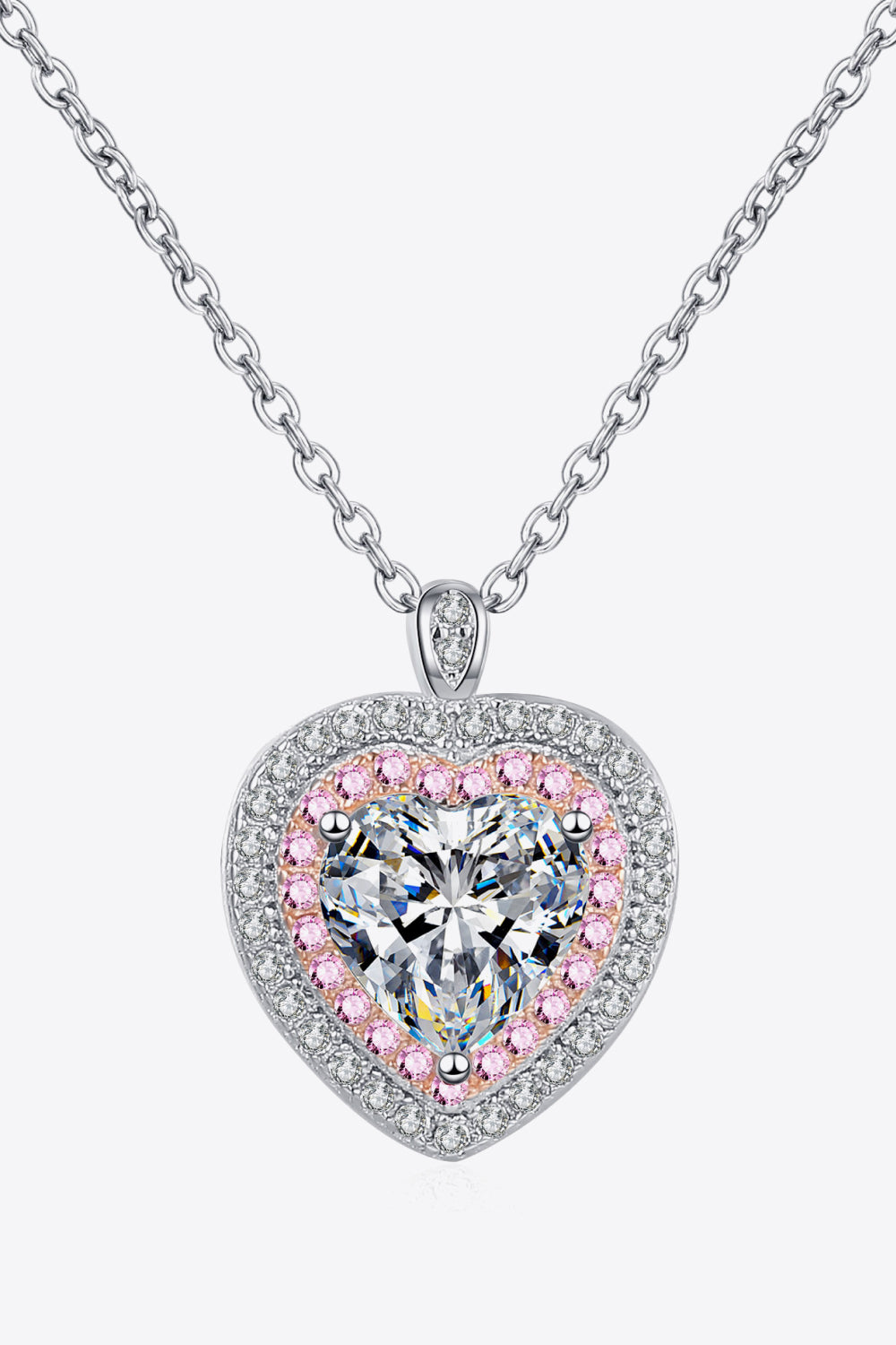 Silver heart halo pendant necklace with moissanite and pink stones
