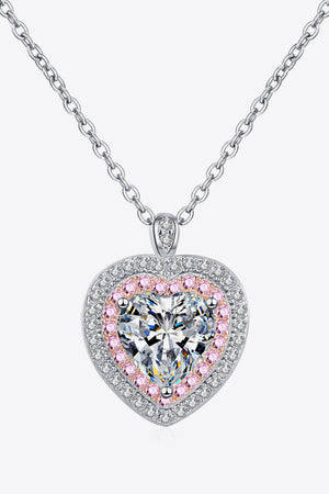 Silver heart halo pendant necklace with moissanite and pink stones