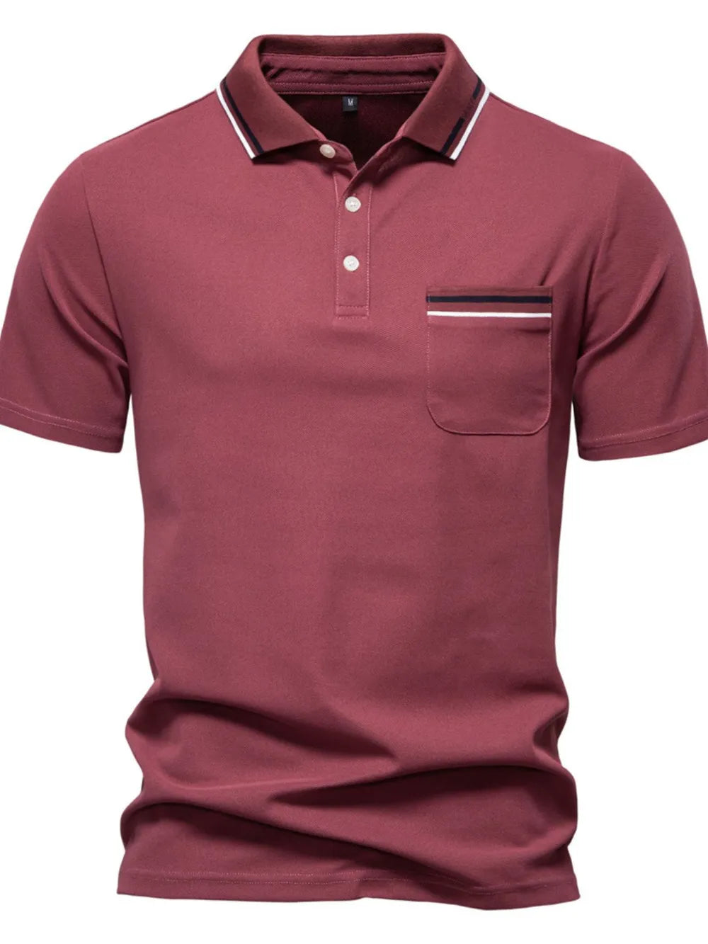 Textured polo shirt in rust with contrast trim on collar and chest pocket.