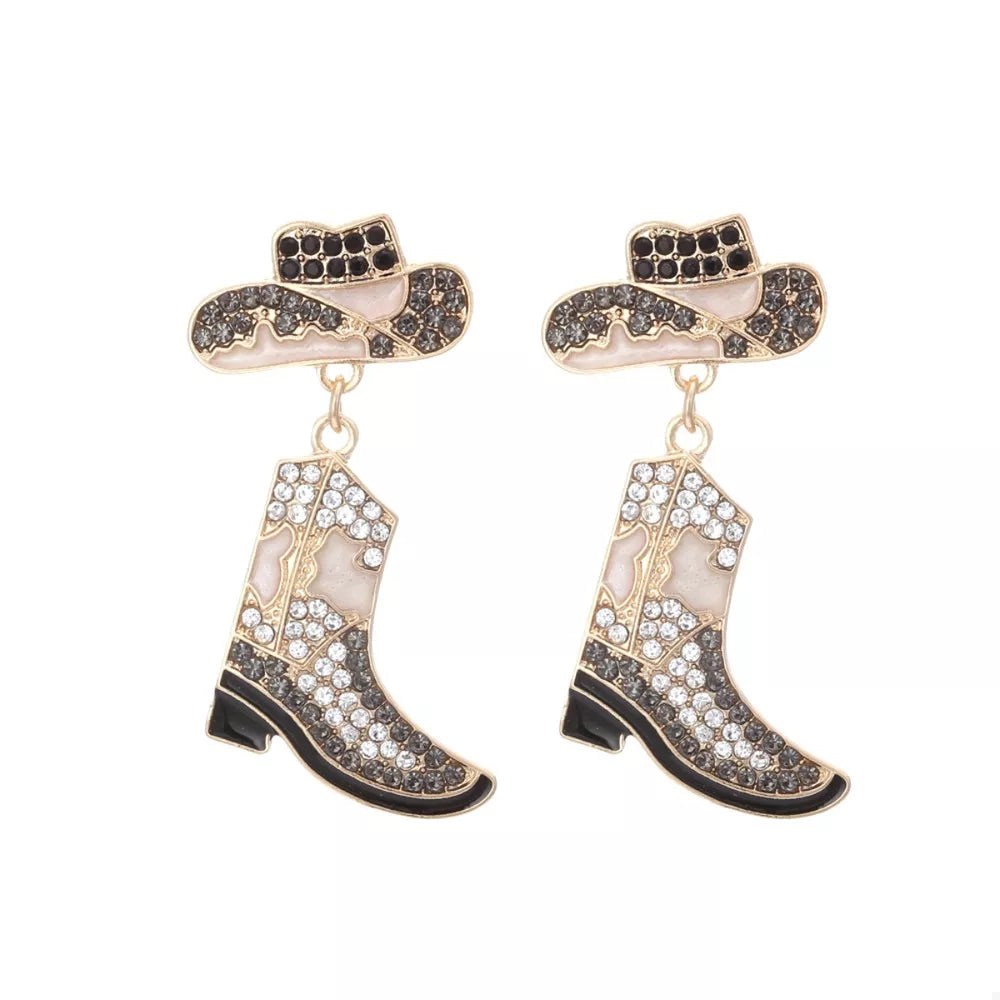 Cowboy hat and boot dangle earrings with crystal and black accents.