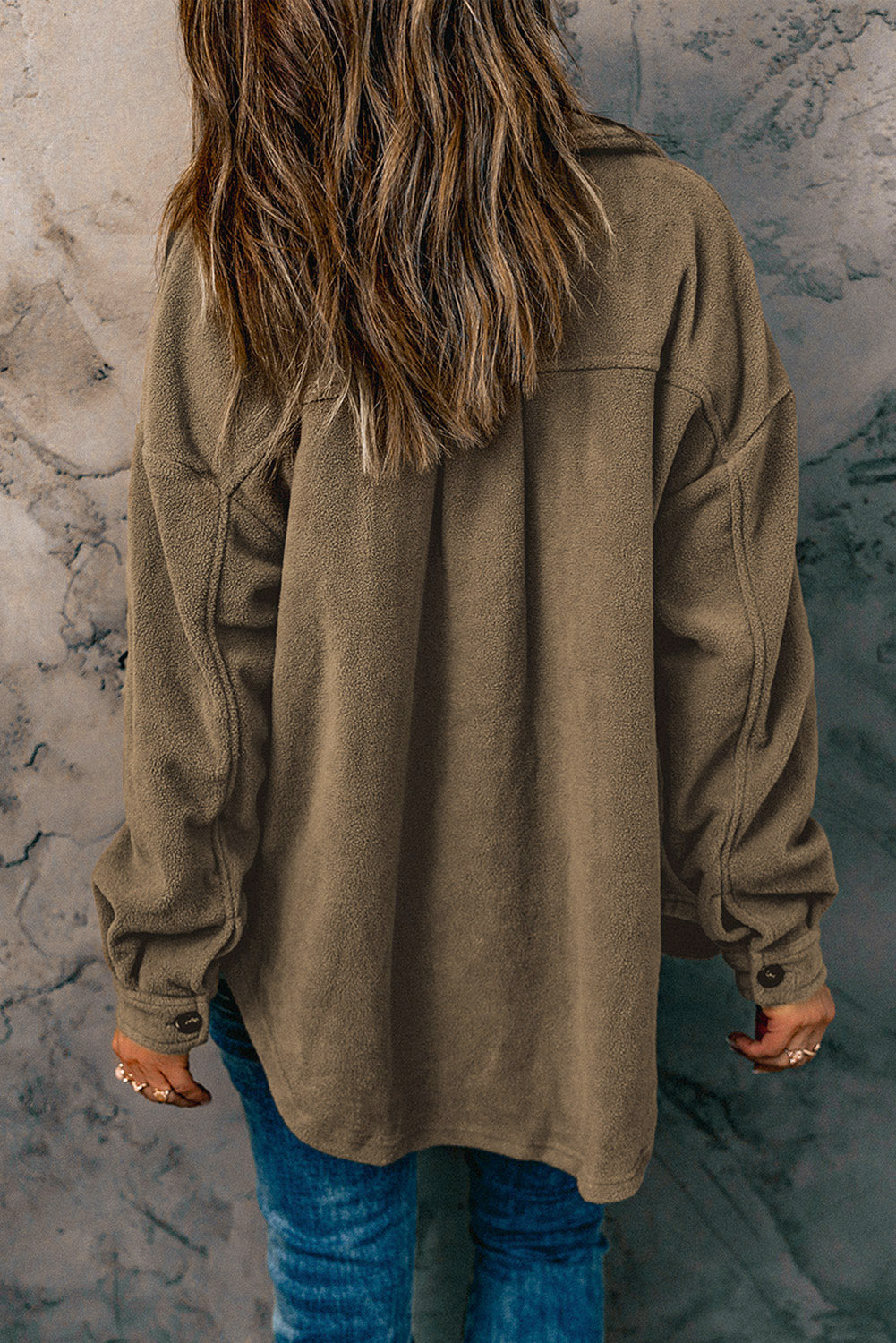 Fleece shirt jacket in Chestnut with button cuffs and a relaxed fit.