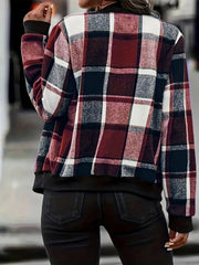 Plaid bomber jacket in burgundy with ribbed cuffs and hem detail.