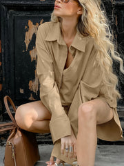 Tan cotton collared button-up cropped long sleeve top and shorts set