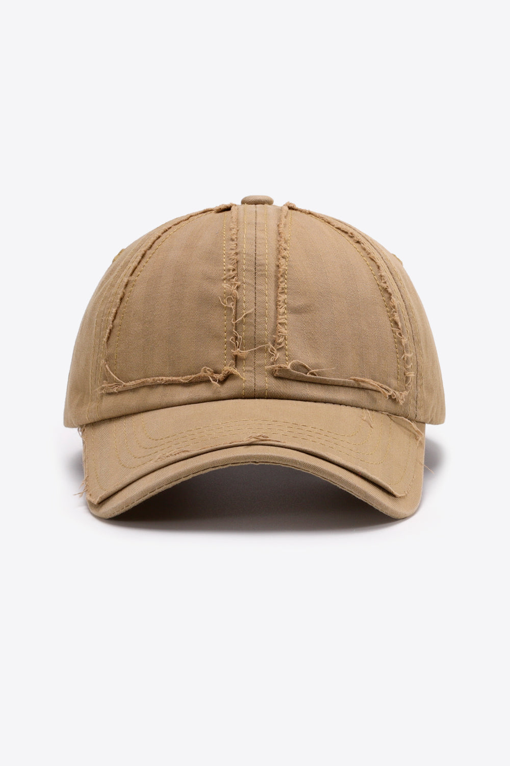 Camel raw edge denim baseball cap with distressed details
