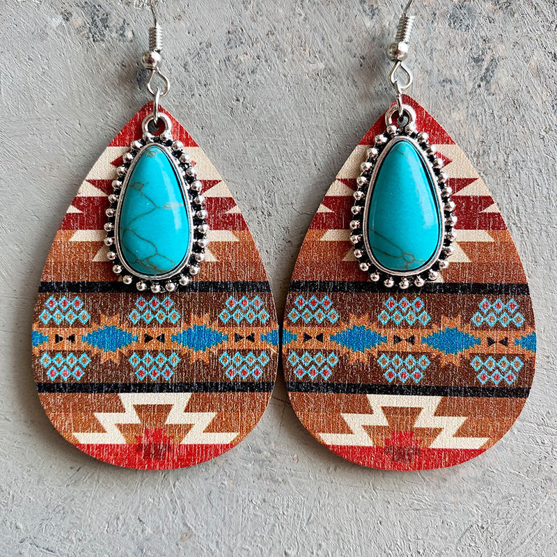Southwestern print teardrop earrings with turquoise stone and alloy detail