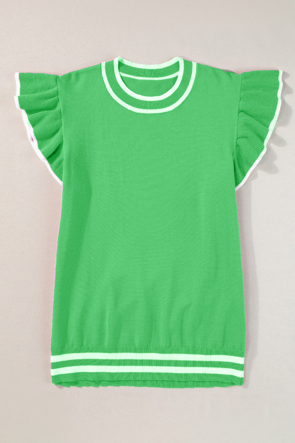 Green knit top with ruffled sleeves and contrast trim neckline and hem.