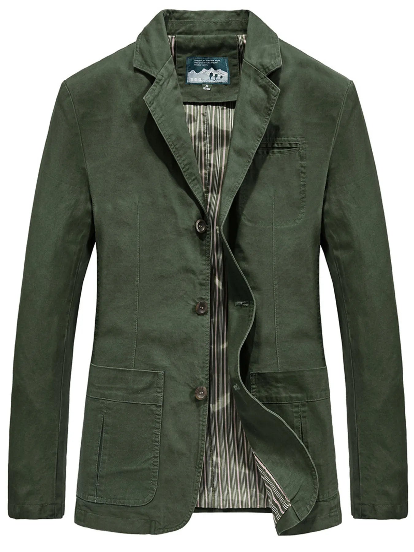 Army green cotton slim fit casual button-up blazer with a plaid lining.