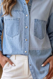 Two-tone Denim Patchwork Shirt in Light Blue, close-up detail