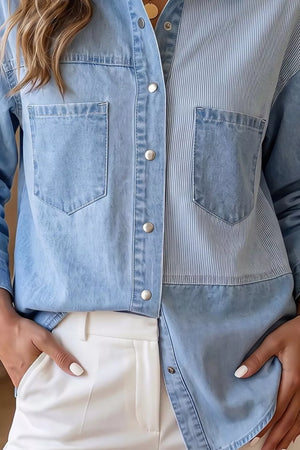 Two-tone Denim Patchwork Shirt in Light Blue, close-up detail