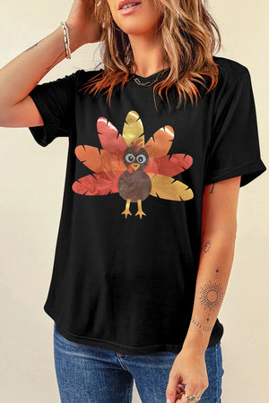 Black t-shirt with a feathered turkey graphic on the front
