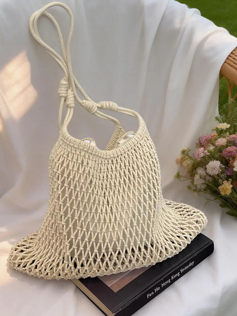 Woven Net Shoulder Bag in White, model styling view