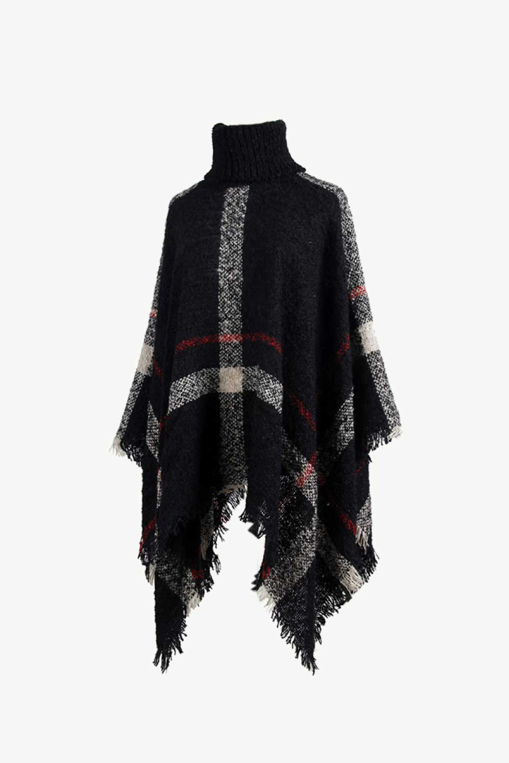 Black plaid turtleneck cape with fringe detail and textured acrylic knit.