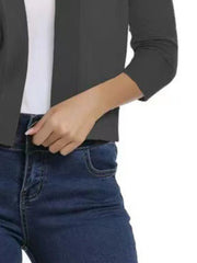 Charcoal cropped knit cardigan with elbow sleeves and ribbed cuffs.