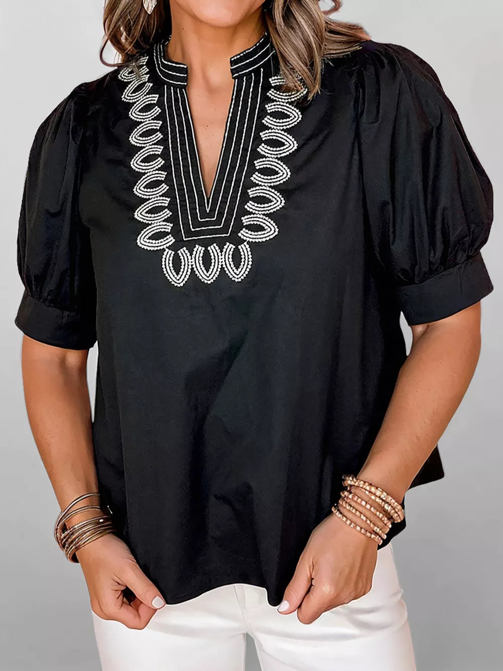 Black embroidered notched puff sleeve maternity overshirt with cuffed hem
