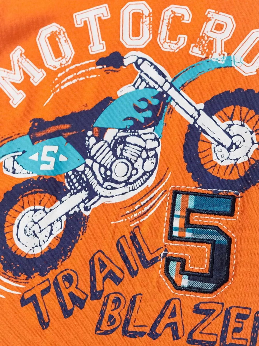 Orange cotton boys' underwear set with dirt bike graphic and "Trail Blaze" text.
